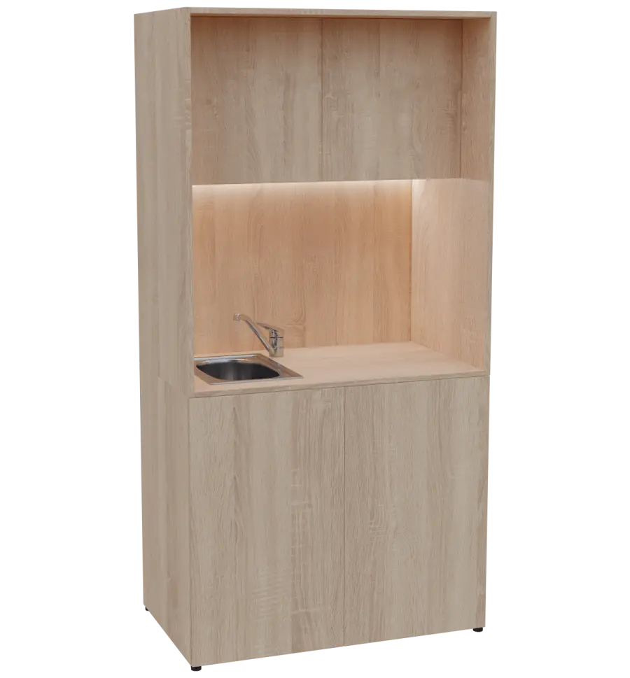 KUCH - CUBE PLUS 2 kuchyňka, vybavení - dřez + baterie + lednice, 2000x1000x600 mm, LED osvětlení, dvířka, dub bardolino