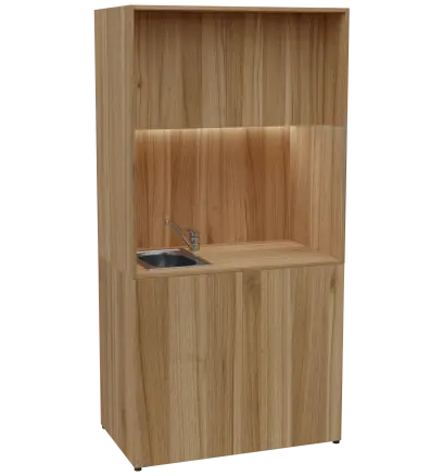 KUCH - CUBE PLUS 2 kuchyňka, vybavení - dřez + baterie + lednice, 2000x1000x600 mm, LED osvětlení, dvířka, ořech světlý