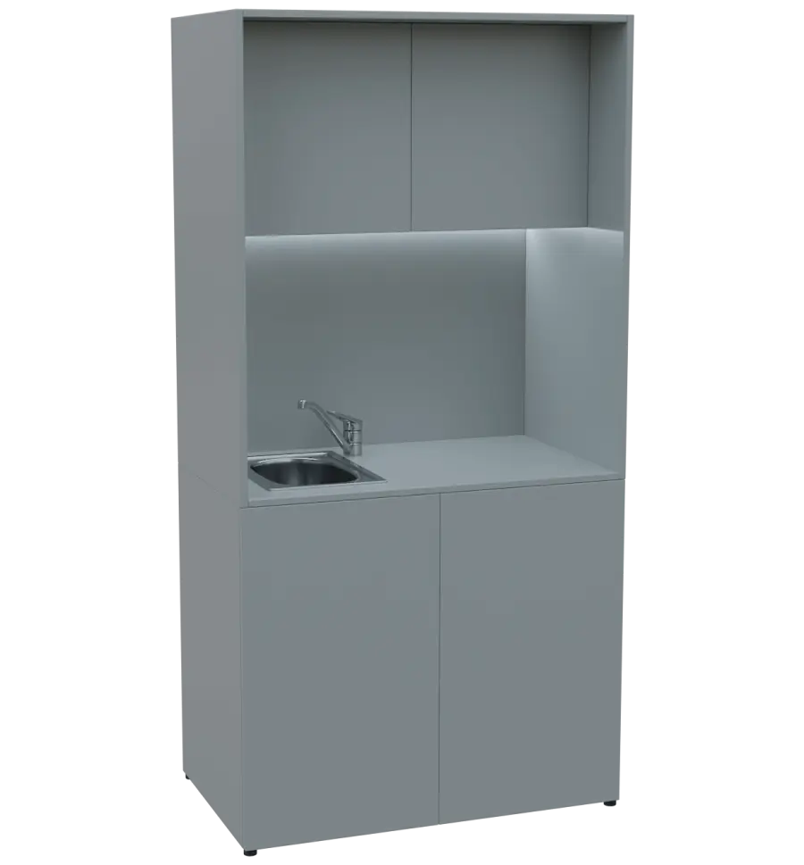 KUCH - CUBE PLUS 2 kuchyňka, vybavení - dřez + baterie + lednice, 2000x1000x600 mm, LED osvětlení, dvířka, šedá