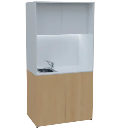 KUCH - CUBE PLUS 2 kuchyňka, vybavení - dřez + baterie + lednice, 2000x1000x600 mm, LED osvětlení, dvířka, javor horský/bílá