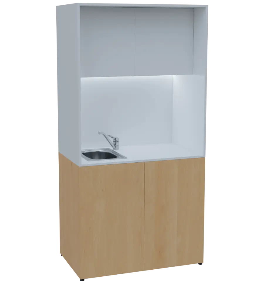 KUCH - CUBE PLUS 2 kuchyňka, vybavení - dřez + baterie + lednice, 2000x1000x600 mm, LED osvětlení, dvířka, javor horský/bílá