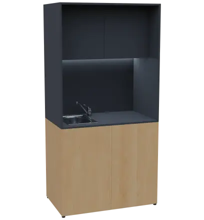 KUCH - CUBE PLUS 2 kuchyňka, vybavení - dřez + baterie + lednice, 2000x1000x600 mm, LED osvětlení, dvířka, javor horský/antracit