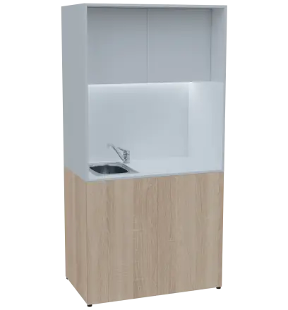 KUCH - CUBE PLUS 2 kuchyňka, vybavení - dřez + baterie + lednice, 2000x1000x600 mm, LED osvětlení, dvířka, dub bardolino/bílá