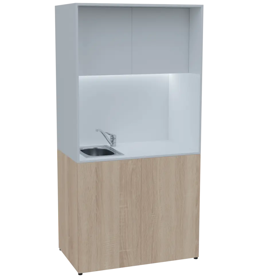 KUCH - CUBE PLUS 2 kuchyňka, vybavení - dřez + baterie + lednice, 2000x1000x600 mm, LED osvětlení, dvířka, dub bardolino/bílá