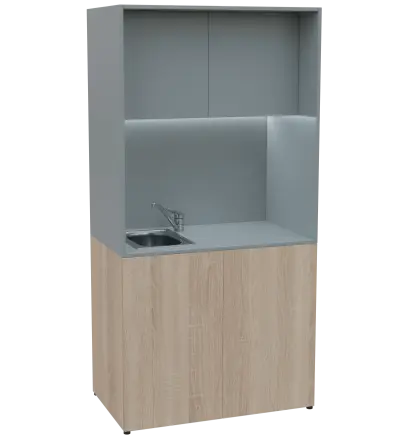 KUCH - CUBE PLUS 2 kuchyňka, vybavení - dřez + baterie + lednice, 2000x1000x600 mm, LED osvětlení, dvířka, dub bardolino/šedá