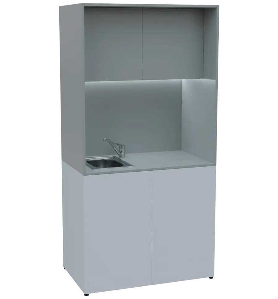 KUCH - CUBE PLUS 2 kuchyňka, vybavení - dřez + baterie + lednice, 2000x1000x600 mm, LED osvětlení, dvířka, bílá/šedá