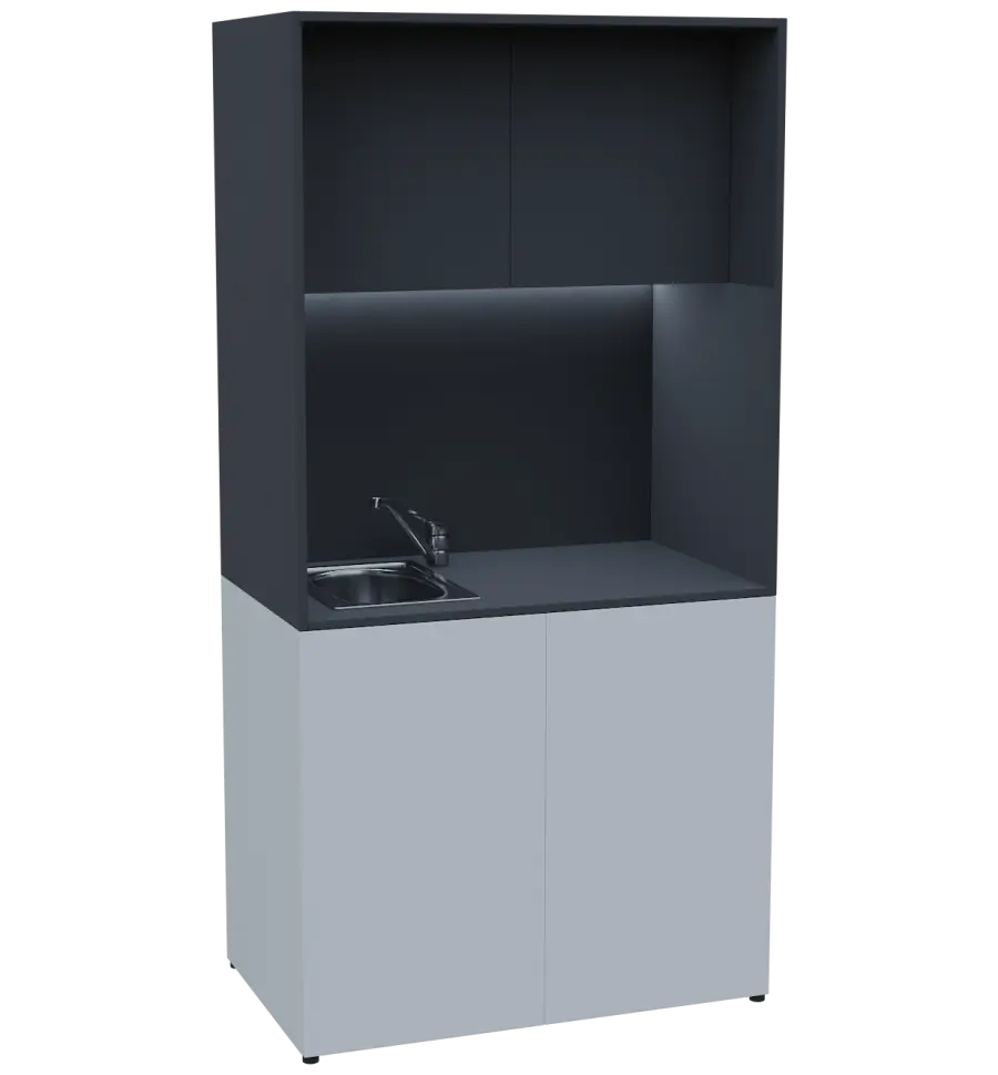 KUCH - CUBE PLUS 2 kuchyňka, vybavení - dřez + baterie + lednice, 2000x1000x600 mm, LED osvětlení, dvířka, bílá/antracit