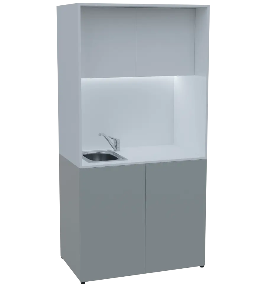 KUCH - CUBE PLUS 2 kuchyňka, vybavení - dřez + baterie + lednice, 2000x1000x600 mm, LED osvětlení, dvířka, šedá/bílá