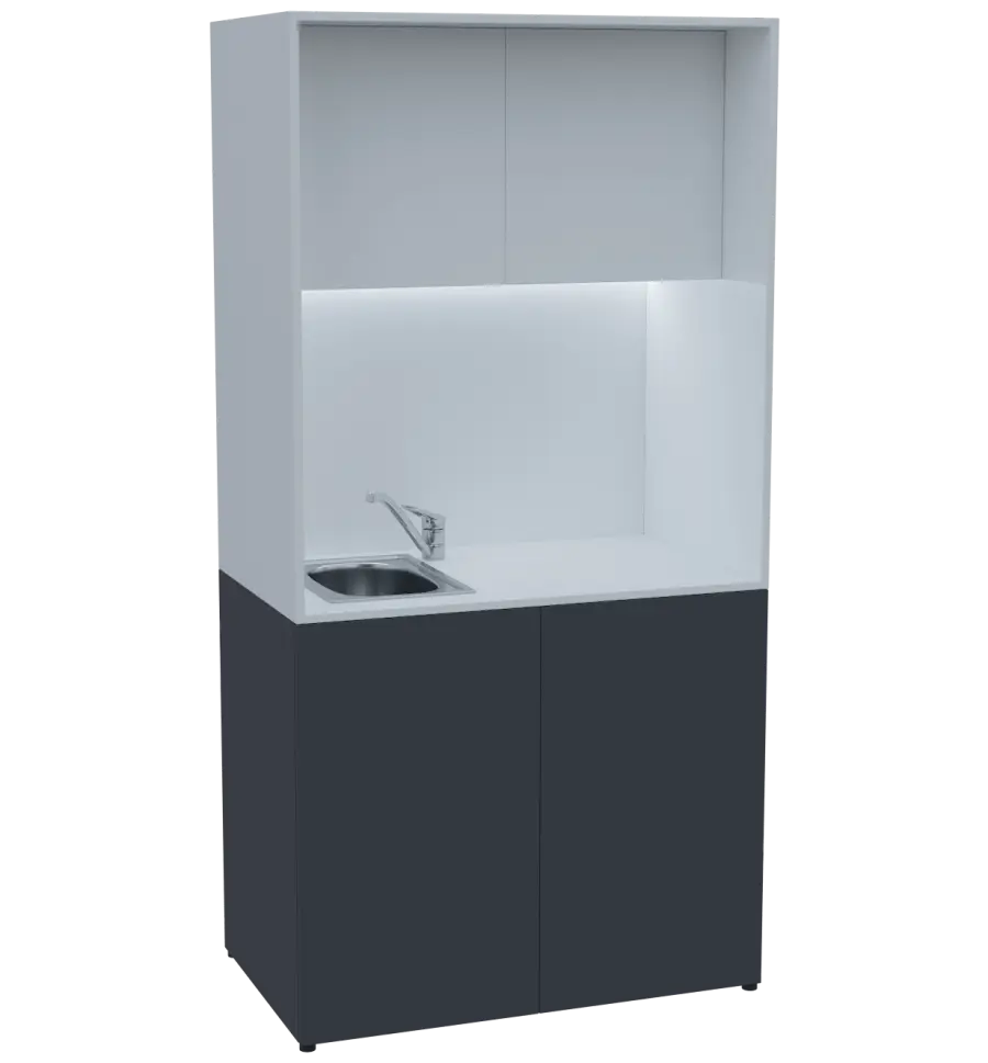 KUCH - CUBE PLUS 2 kuchyňka, vybavení - dřez + baterie + lednice, 2000x1000x600 mm, LED osvětlení, dvířka, antracit/bílá