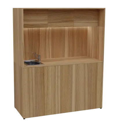 KUCH - CUBE 3 kuchyňka, vybavení - dřez + baterie, 1800x1480x600 mm, LED osvětlení, horní výklopné skříňky, ořech světlý