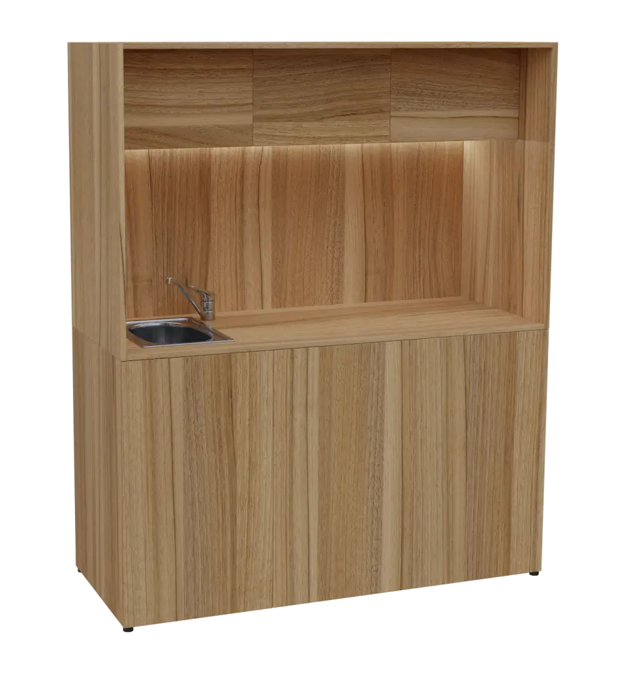 KUCH - CUBE 3 kuchyňka, vybavení - dřez + baterie, 1800x1480x600 mm, LED osvětlení, horní výklopné skříňky, ořech světlý