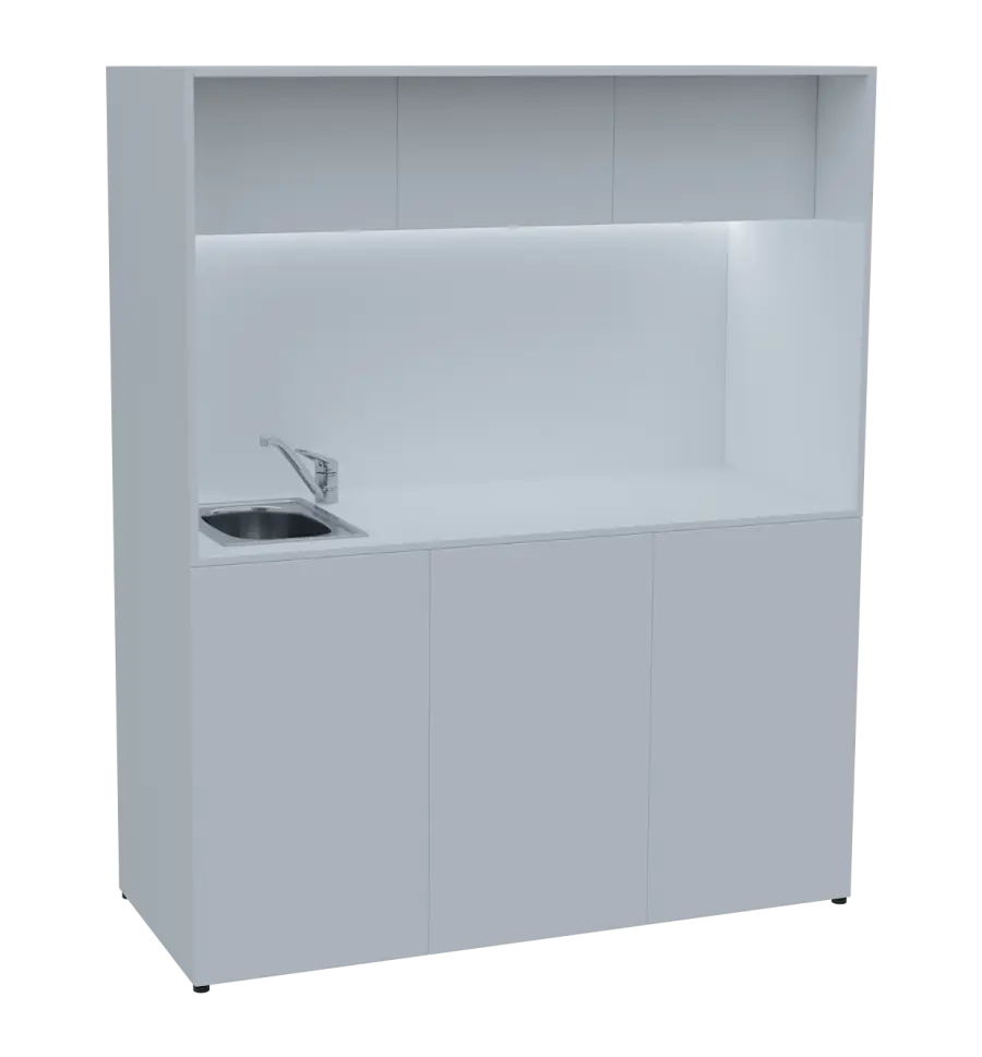 KUCH - CUBE 3 kuchyňka, vybavení - dřez + baterie, 1800x1480x600 mm, LED osvětlení, horní výklopné skříňky, bílá