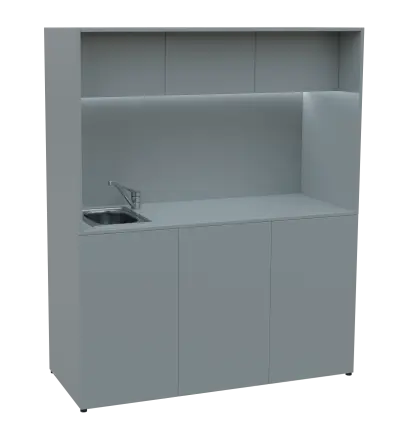 KUCH - CUBE 3 kuchyňka, vybavení - dřez + baterie, 1800x1480x600 mm, LED osvětlení, horní výklopné skříňky, šedá