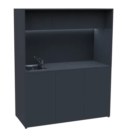 KUCH - CUBE 3 kuchyňka, vybavení - dřez + baterie, 1800x1480x600 mm, LED osvětlení, horní výklopné skříňky, antracit
