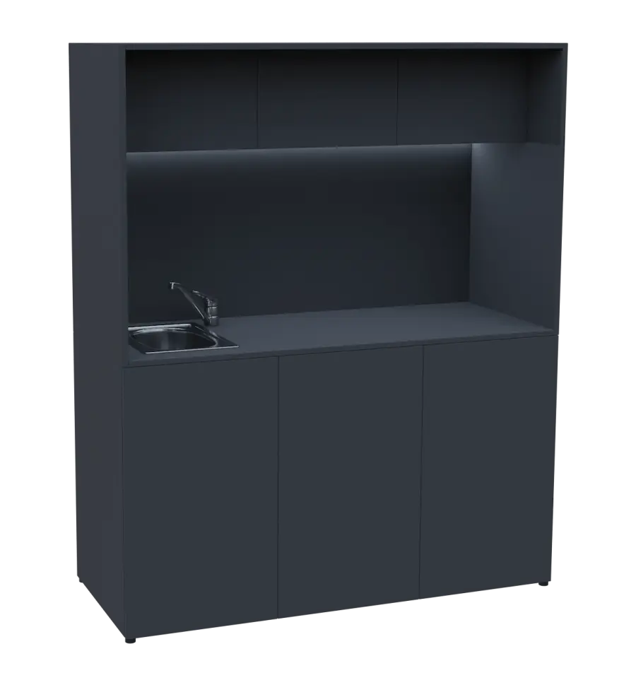 KUCH - CUBE 3 kuchyňka, vybavení - dřez + baterie, 1800x1480x600 mm, LED osvětlení, horní výklopné skříňky, antracit