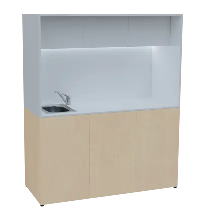 KUCH - CUBE 3 kuchyňka, vybavení - dřez + baterie, 1800x1480x600 mm, LED osvětlení, horní výklopné skříňky, bříza irská/bílá