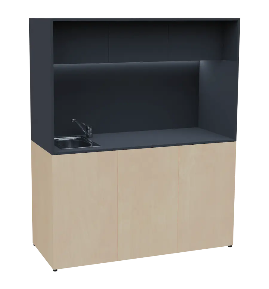 KUCH - CUBE 3 kuchyňka, vybavení - dřez + baterie, 1800x1480x600 mm, LED osvětlení, horní výklopné skříňky, bříza irská/antracit