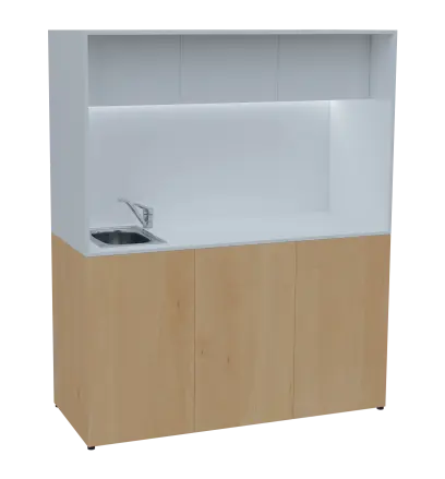 KUCH - CUBE 3 kuchyňka, vybavení - dřez + baterie, 1800x1480x600 mm, LED osvětlení, horní výklopné skříňky, javor horský/bílá