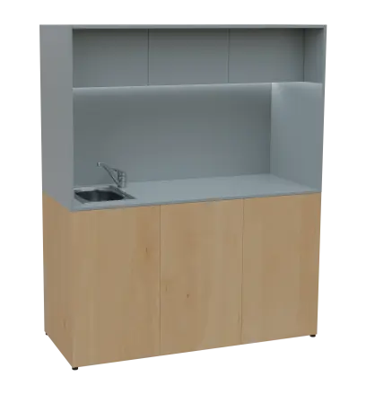 KUCH - CUBE 3 kuchyňka, vybavení - dřez + baterie, 1800x1480x600 mm, LED osvětlení, horní výklopné skříňky, javor horský/šedá