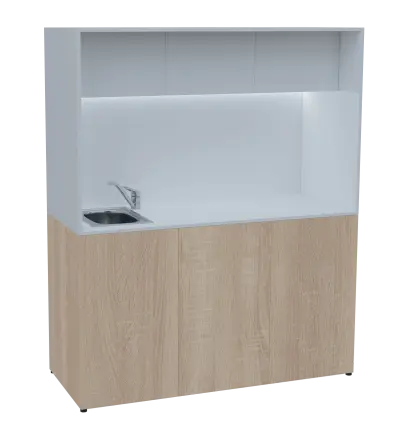 KUCH - CUBE 3 kuchyňka, vybavení - dřez + baterie, 1800x1480x600 mm, LED osvětlení, horní výklopné skříňky, dub bardolino/bílá