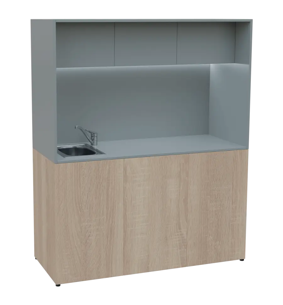 KUCH - CUBE 3 kuchyňka, vybavení - dřez + baterie, 1800x1480x600 mm, LED osvětlení, horní výklopné skříňky, dub bardolino/šedá