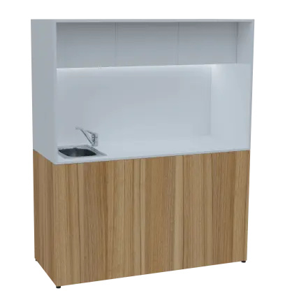 KUCH - CUBE 3 kuchyňka, vybavení - dřez + baterie, 1800x1480x600 mm, LED osvětlení, horní výklopné skříňky, ořech světlý/bílá