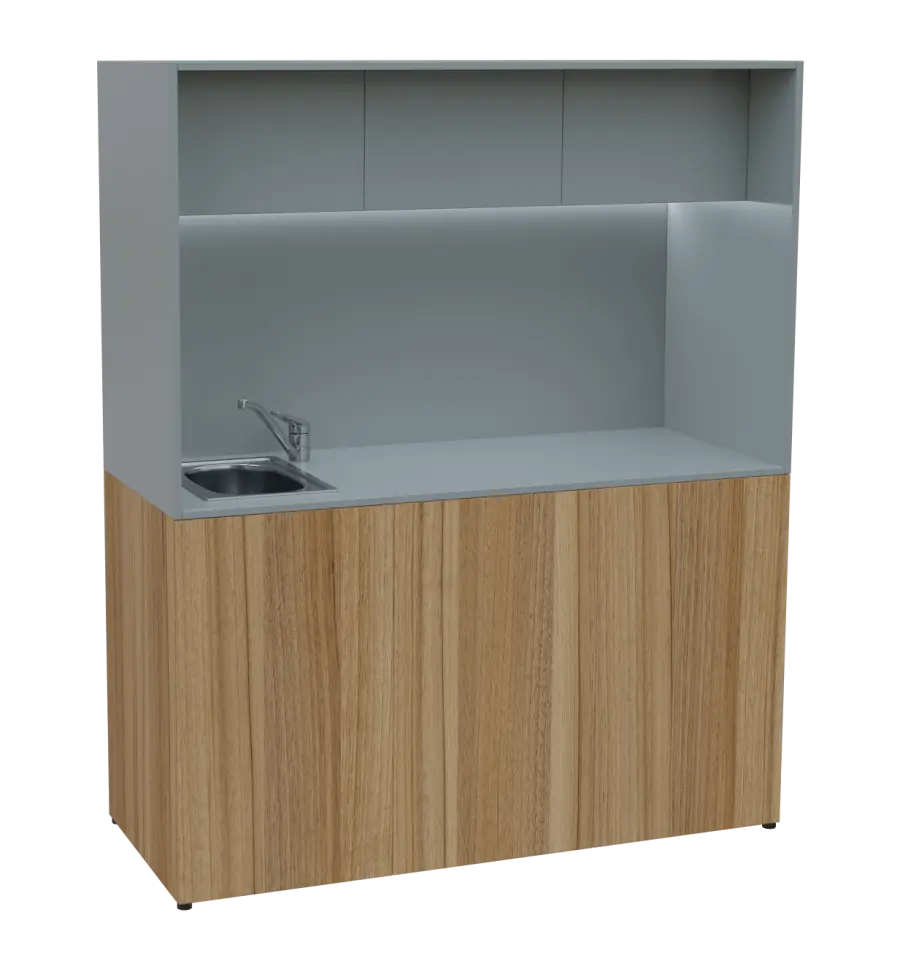 KUCH - CUBE 3 kuchyňka, vybavení - dřez + baterie, 1800x1480x600 mm, LED osvětlení, horní výklopné skříňky, ořech světlý/šedá