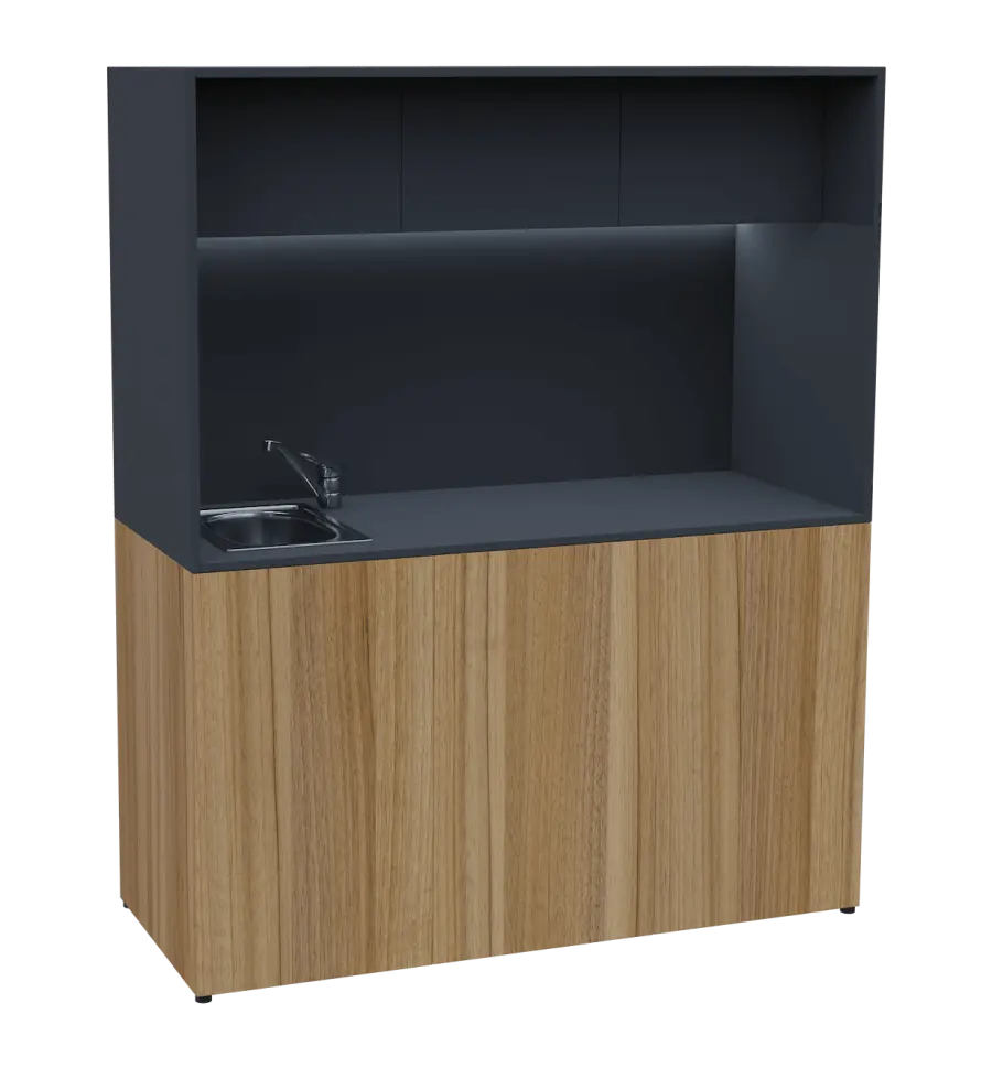 KUCH - CUBE 3 kuchyňka, vybavení - dřez + baterie, 1800x1480x600 mm, LED osvětlení, horní výklopné skříňky, ořech světlý/antracit