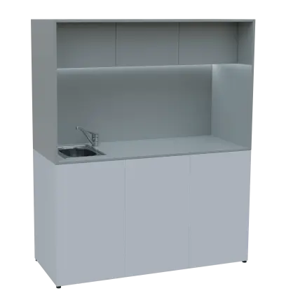 KUCH - CUBE 3 kuchyňka, vybavení - dřez + baterie, 1800x1480x600 mm, LED osvětlení, horní výklopné skříňky, bílá/šedá