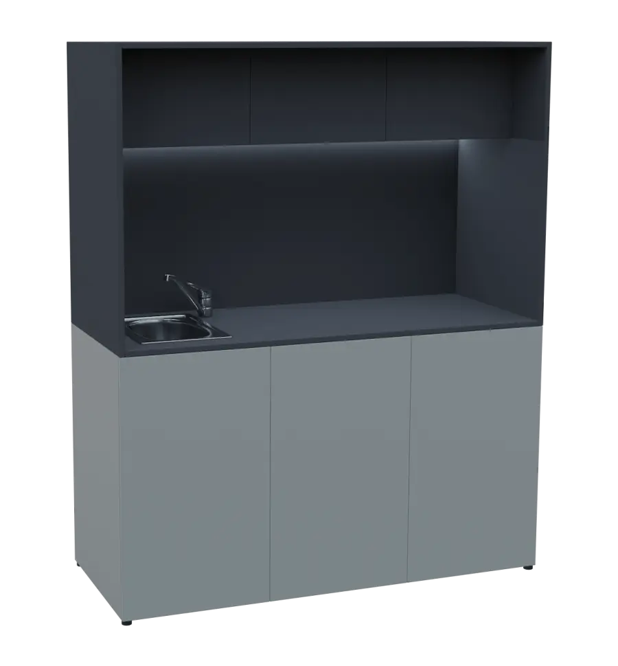 KUCH - CUBE 3 kuchyňka, vybavení - dřez + baterie, 1800x1480x600 mm, LED osvětlení, horní výklopné skříňky, šedá/antracit