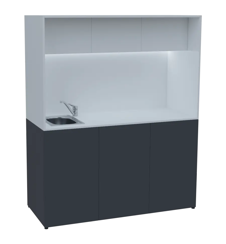 KUCH - CUBE 3 kuchyňka, vybavení - dřez + baterie, 1800x1480x600 mm, LED osvětlení, horní výklopné skříňky, antracit/bílá