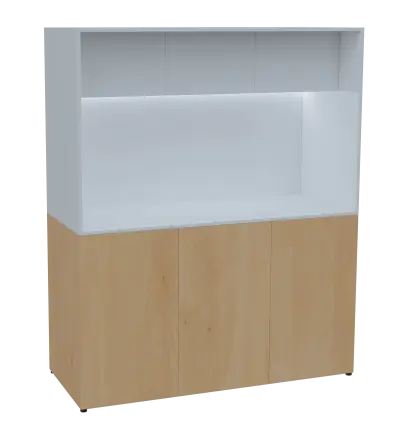 KUCH - CUBE 3 kuchyňka, lednice, 1800x1480x600 mm, LED osvětlení, horní výklopné skříňky, javor horský/bílá