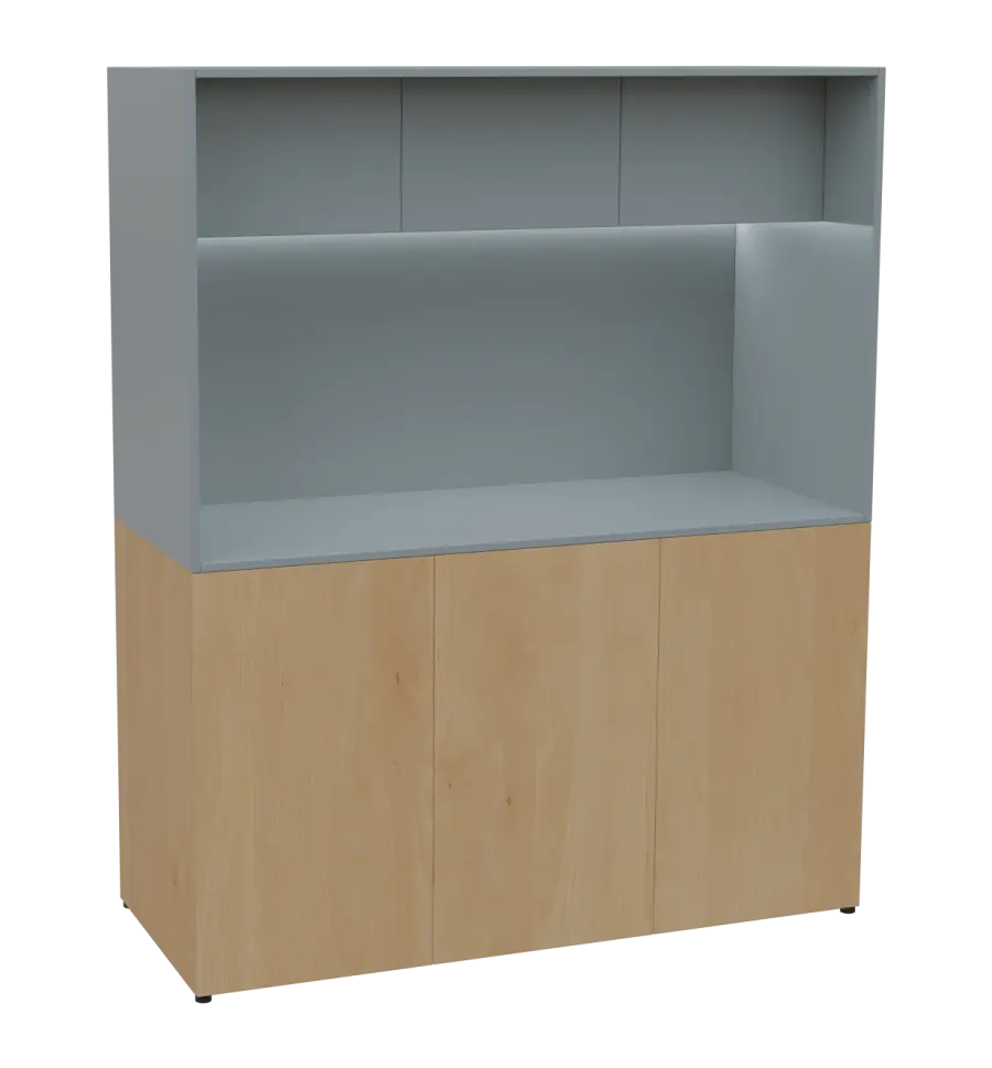 KUCH - CUBE 3 kuchyňka, lednice, 1800x1480x600 mm, LED osvětlení, horní výklopné skříňky, javor horský/šedá