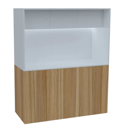 KUCH - CUBE 3 kuchyňka, lednice, 1800x1480x600 mm, LED osvětlení, horní výklopné skříňky, ořech světlý/bílá