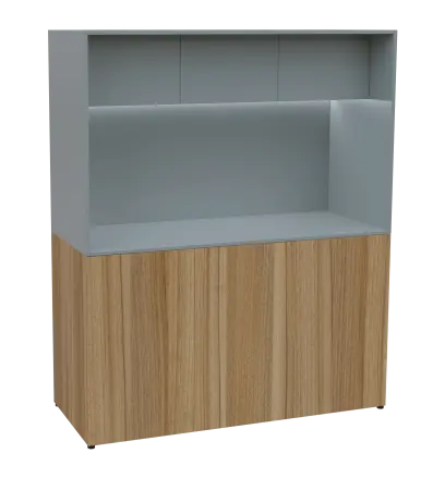 KUCH - CUBE 3 kuchyňka, lednice, 1800x1480x600 mm, LED osvětlení, horní výklopné skříňky, ořech světlý/šedá