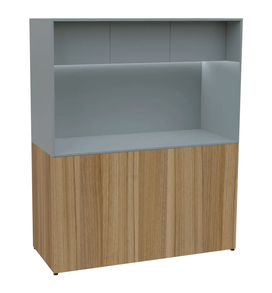 KUCH - CUBE 3 kuchyňka, lednice, 1800x1480x600 mm, LED osvětlení, horní výklopné skříňky, ořech světlý/šedá