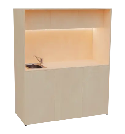 KUCH - CUBE 3 kuchyňka, vybavení - dřez + baterie + lednice, 1800x1480x600 mm, LED osvětlení, horní výklopné skříňky, bříza irská