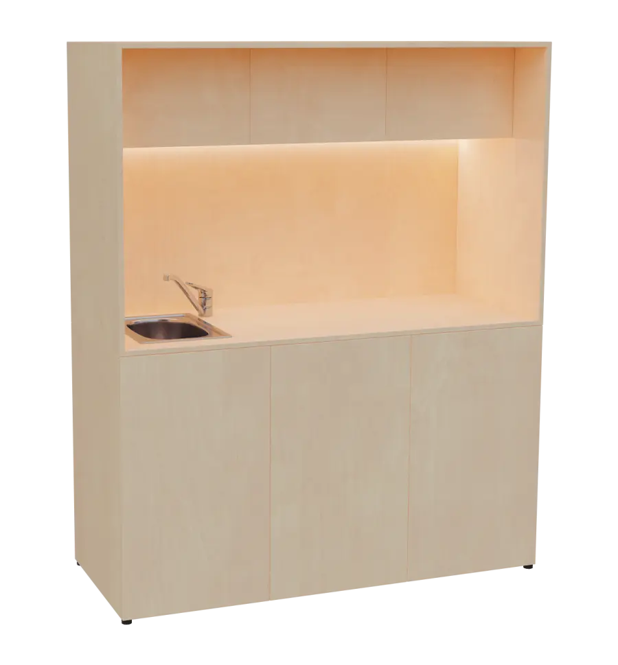 KUCH - CUBE 3 kuchyňka, vybavení - dřez + baterie + lednice, 1800x1480x600 mm, LED osvětlení, horní výklopné skříňky, bříza irská