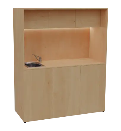 KUCH - CUBE 3 kuchyňka, vybavení - dřez + baterie + lednice, 1800x1480x600 mm, LED osvětlení, horní výklopné skříňky, javor horský