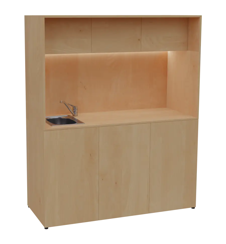 KUCH - CUBE 3 kuchyňka, vybavení - dřez + baterie + lednice, 1800x1480x600 mm, LED osvětlení, horní výklopné skříňky, javor horský