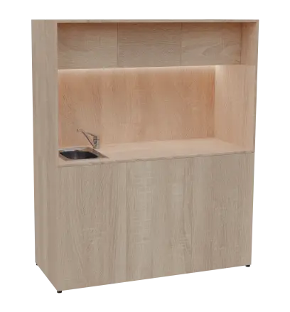 KUCH - CUBE 3 kuchyňka, vybavení - dřez + baterie + lednice, 1800x1480x600 mm, LED osvětlení, horní výklopné skříňky, dub bardolino