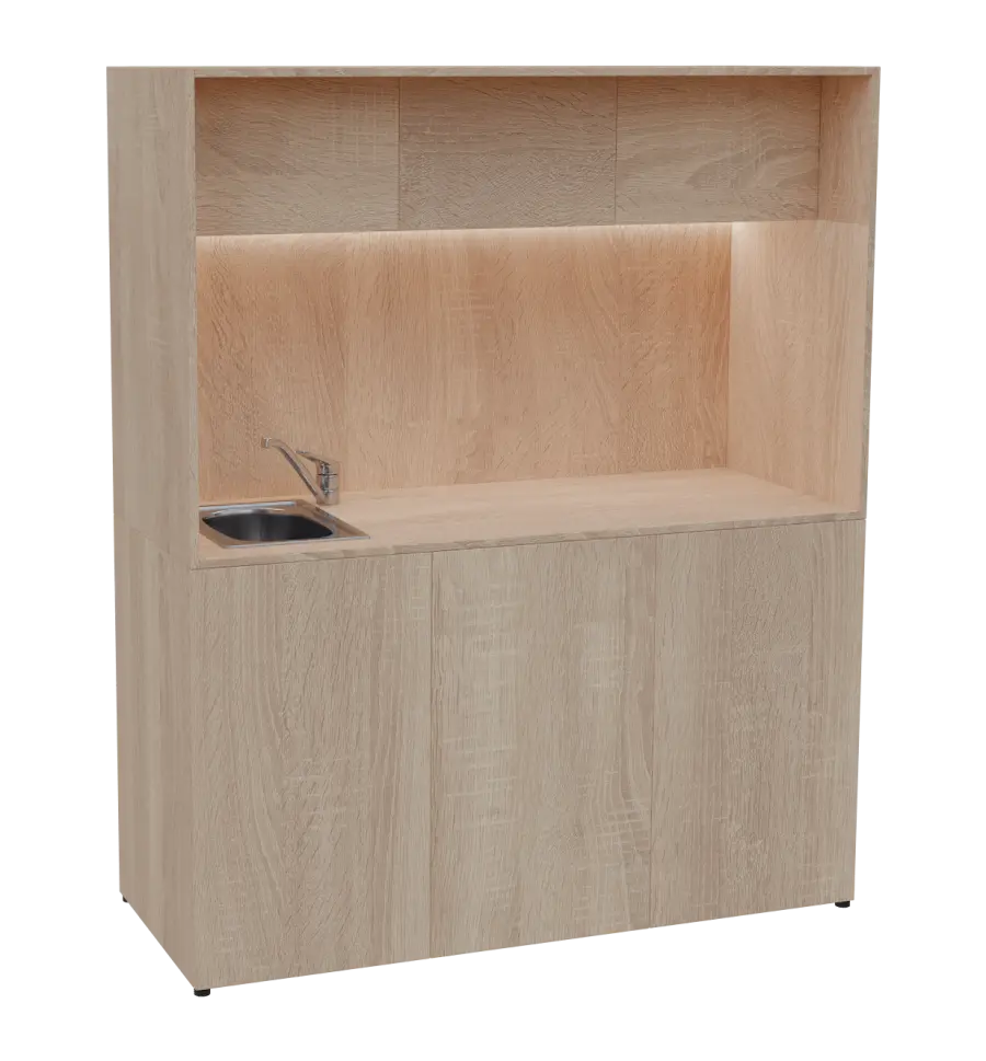 KUCH - CUBE 3 kuchyňka, vybavení - dřez + baterie + lednice, 1800x1480x600 mm, LED osvětlení, horní výklopné skříňky, dub bardolino