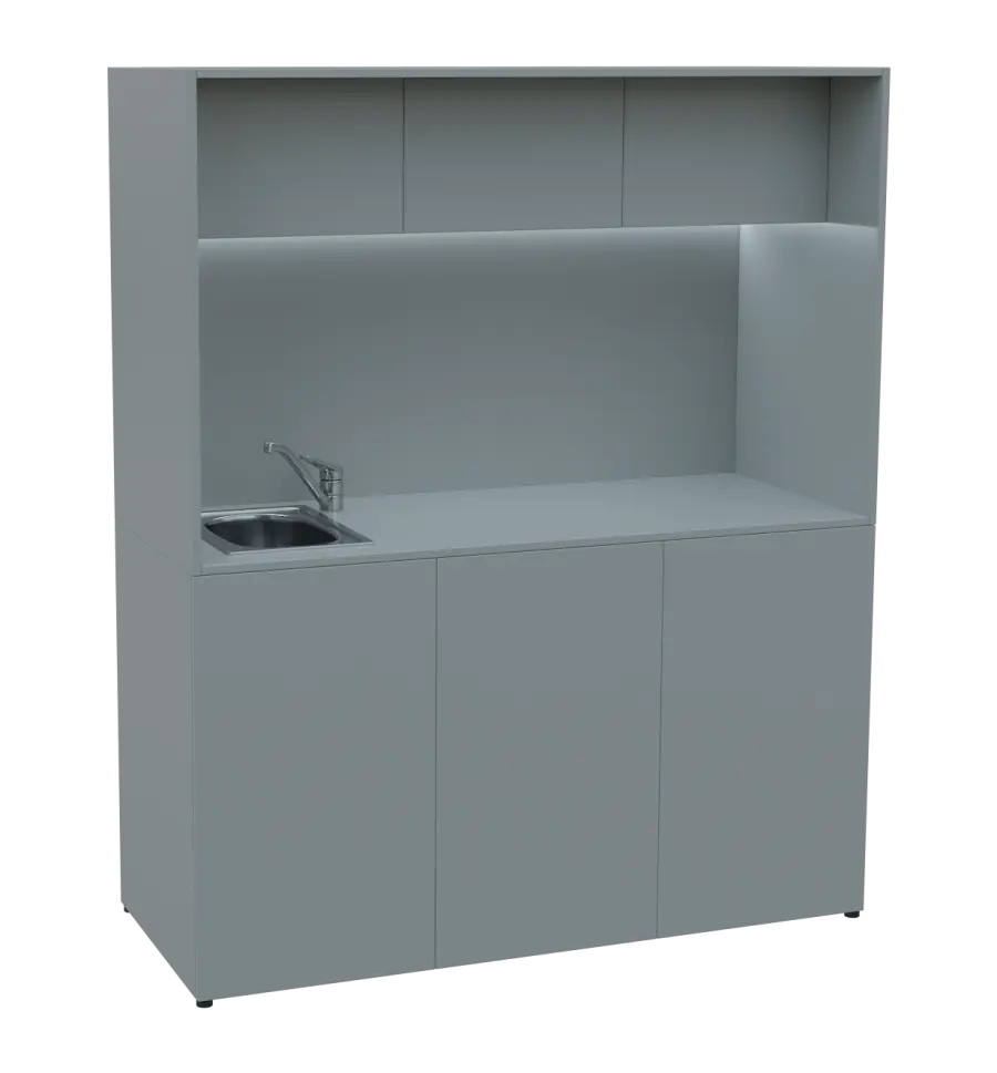 KUCH - CUBE 3 kuchyňka, vybavení - dřez + baterie + lednice, 1800x1480x600 mm, LED osvětlení, horní výklopné skříňky, šedá