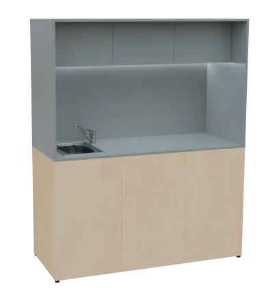 KUCH - CUBE 3 kuchyňka, vybavení - dřez + baterie + lednice, 1800x1480x600 mm, LED osvětlení, horní výklopné skříňky, bříza irská/šedá