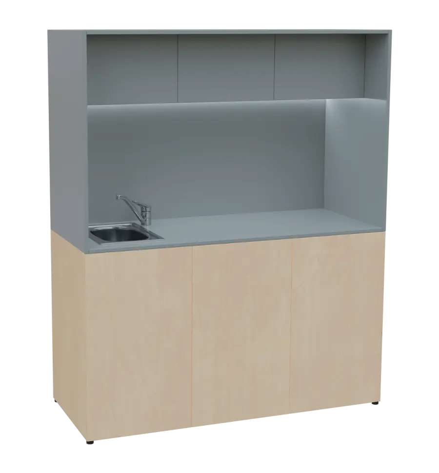KUCH - CUBE 3 kuchyňka, vybavení - dřez + baterie + lednice, 1800x1480x600 mm, LED osvětlení, horní výklopné skříňky, bříza irská/šedá