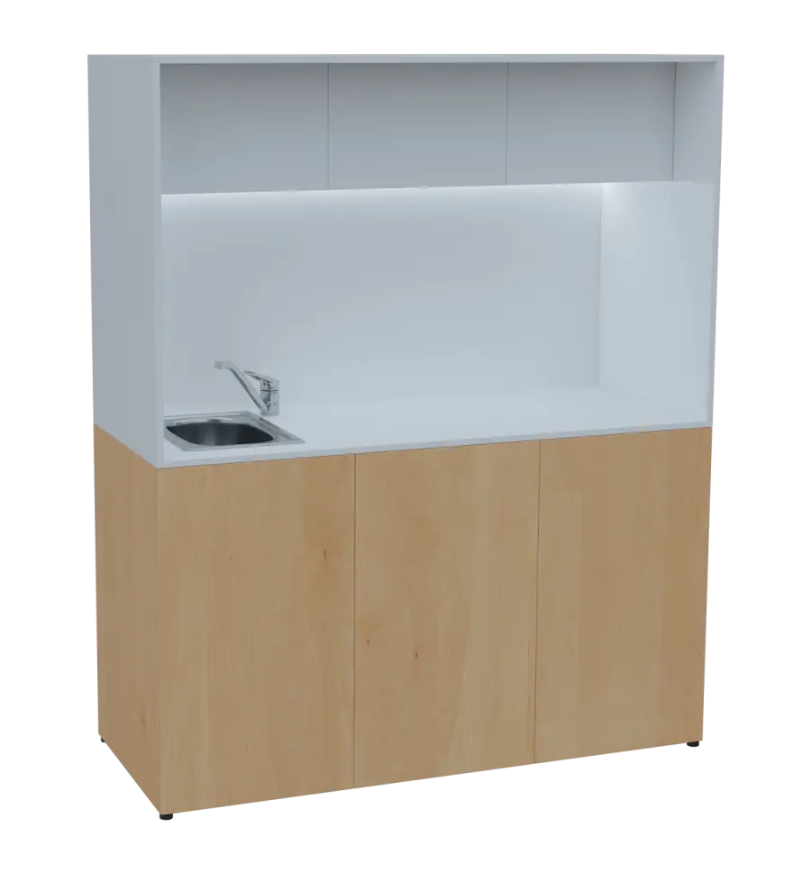 KUCH - CUBE 3 kuchyňka, vybavení - dřez + baterie + lednice, 1800x1480x600 mm, LED osvětlení, horní výklopné skříňky, javor horský/bílá