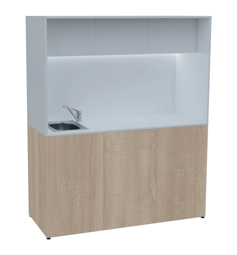 KUCH - CUBE 3 kuchyňka, vybavení - dřez + baterie + lednice, 1800x1480x600 mm, LED osvětlení, horní výklopné skříňky, dub bardolino/bílá