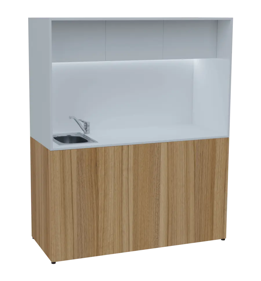 KUCH - CUBE 3 kuchyňka, vybavení - dřez + baterie + lednice, 1800x1480x600 mm, LED osvětlení, horní výklopné skříňky, ořech světlý/bílá