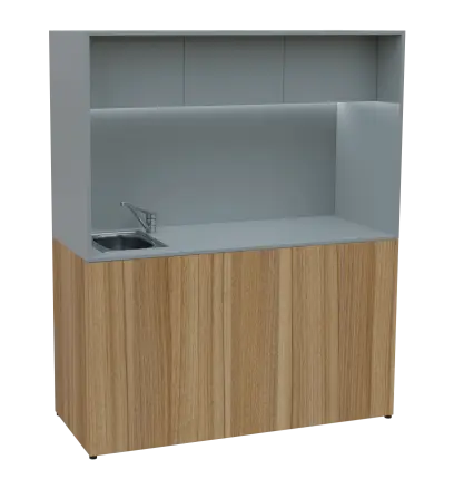 KUCH - CUBE 3 kuchyňka, vybavení - dřez + baterie + lednice, 1800x1480x600 mm, LED osvětlení, horní výklopné skříňky, ořech světlý/šedá