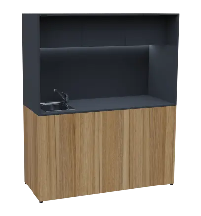 KUCH - CUBE 3 kuchyňka, vybavení - dřez + baterie + lednice, 1800x1480x600 mm, LED osvětlení, horní výklopné skříňky, ořech světlý/antracit